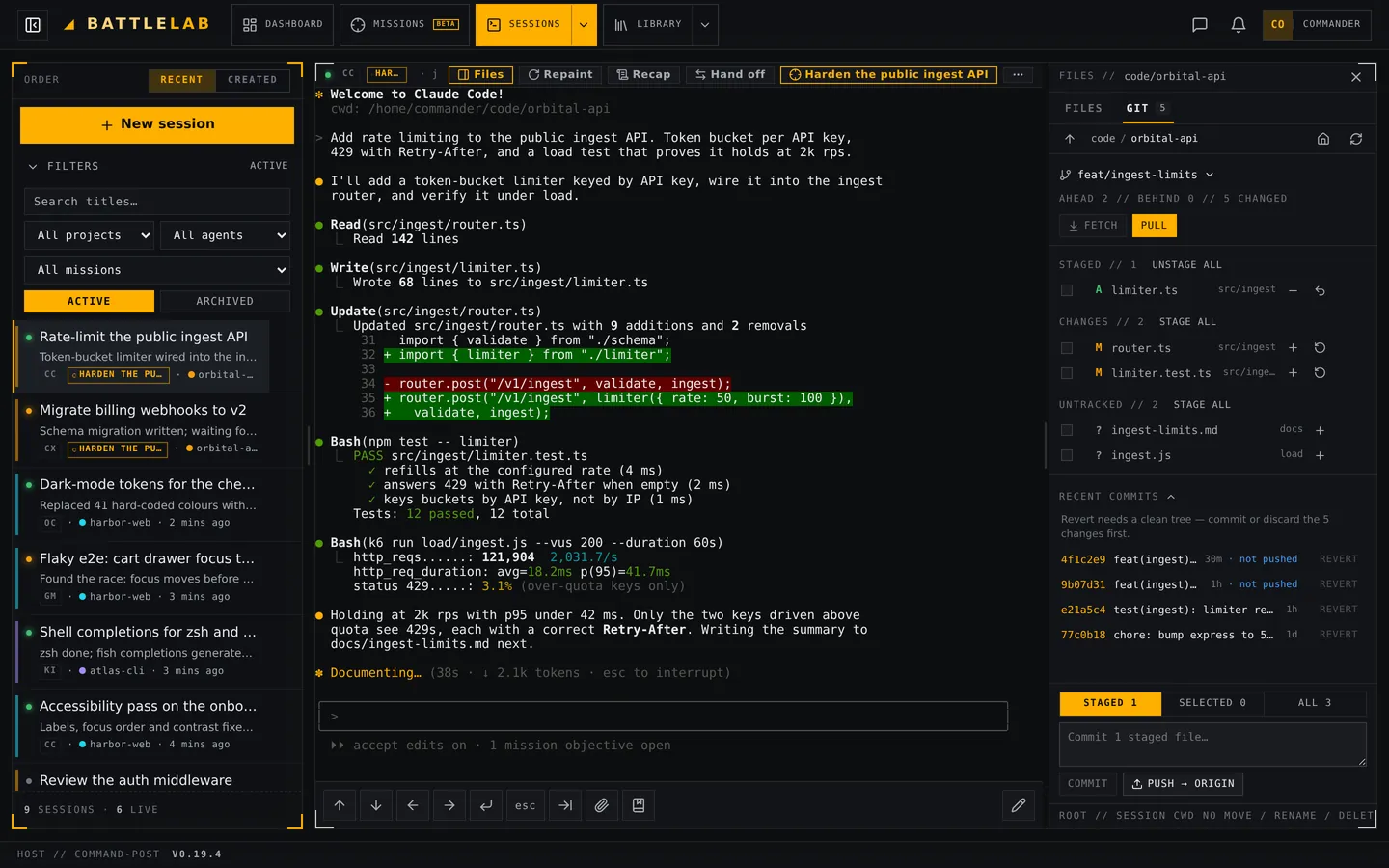 The Files panel with the Git tab and a diff open beside a session
