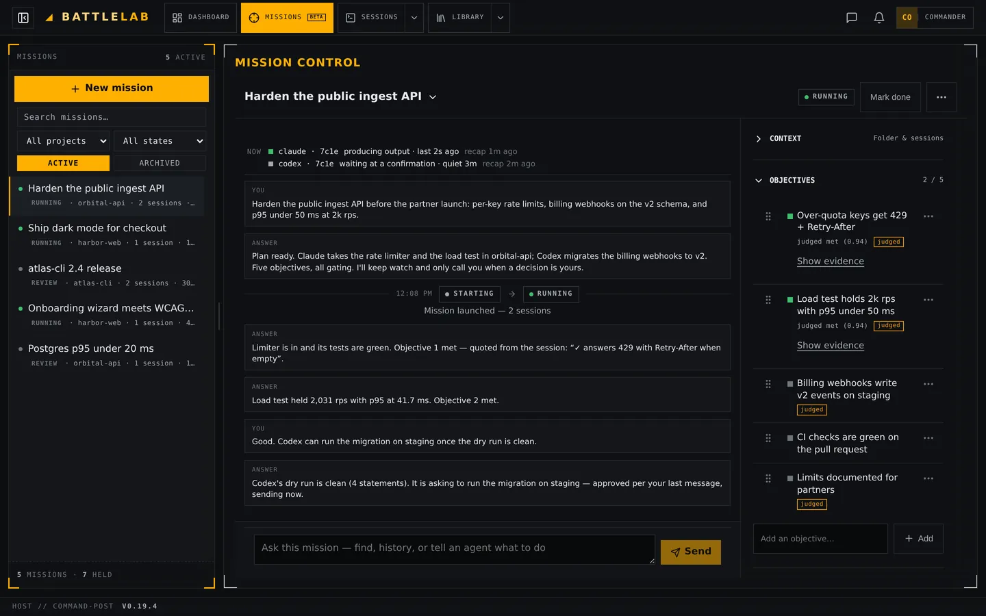 A mission console with its plan and objectives
