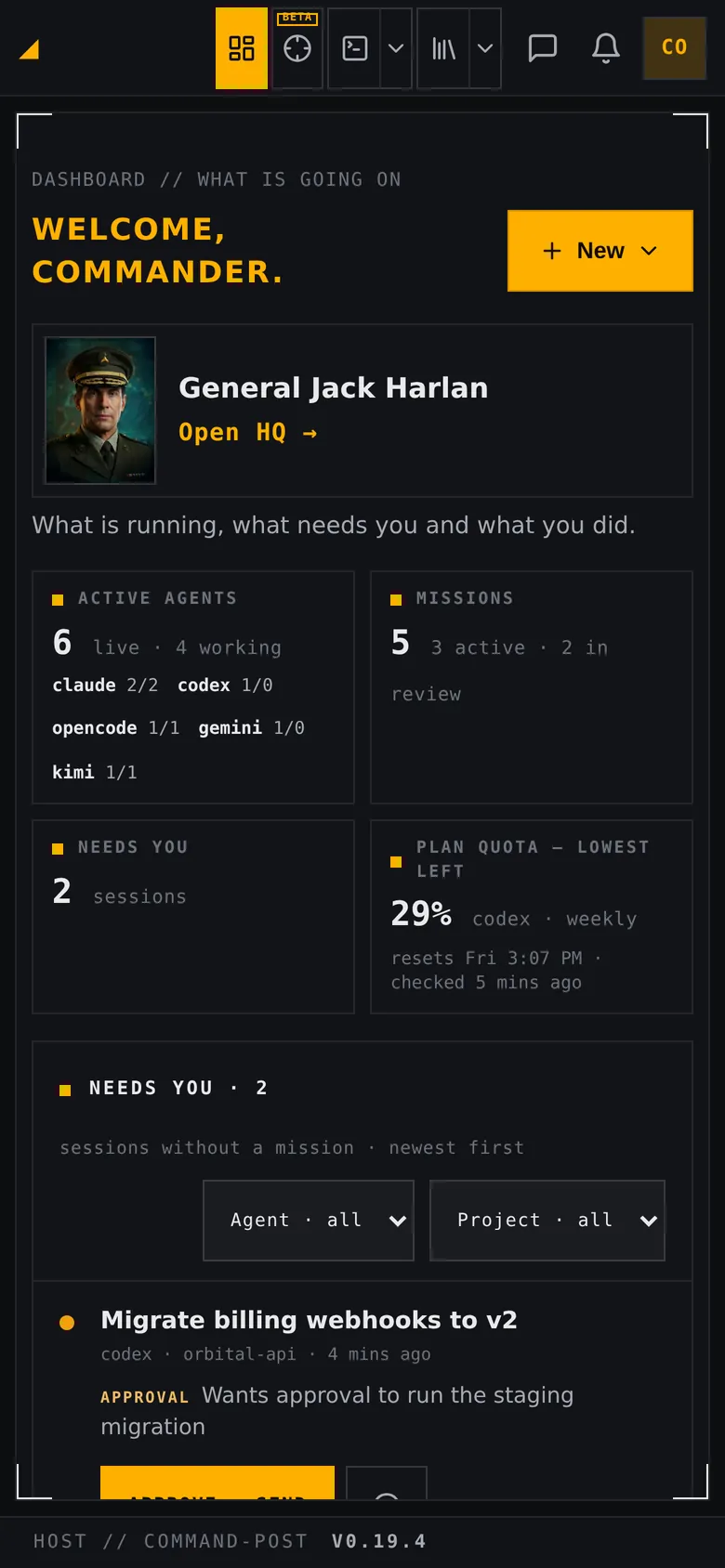 BattleLab on a phone: the dashboard with the HQ contact