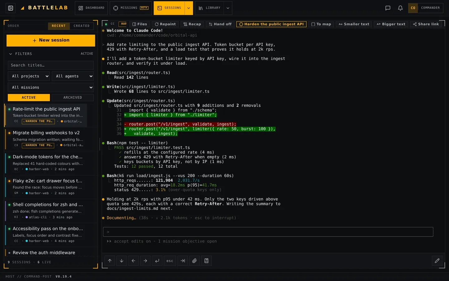 A terminal session with live agent output beside the session list